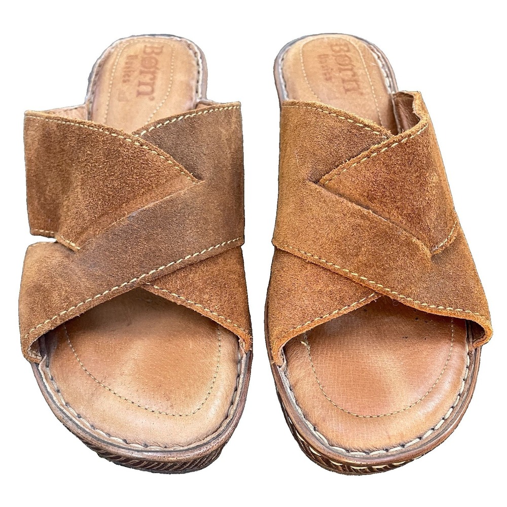 Born Basics Wedge Suede Sandals Sz 8M Brown Crisscross Front Slip On